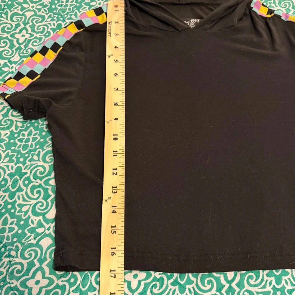 Dazl Girls Black Checkered Stripe Short Sleeve Hooded Crop Top Size L